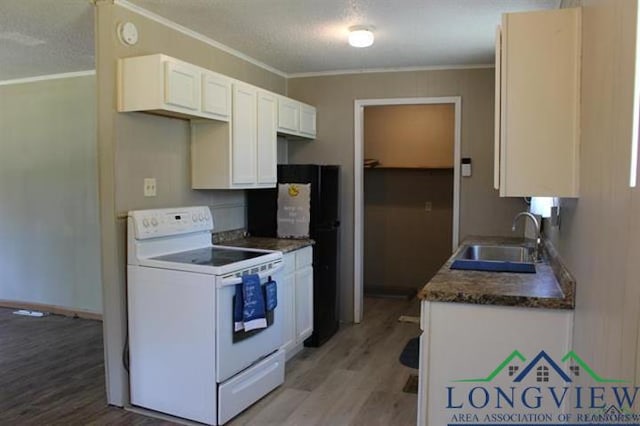 kitchen with electric range, white cabinetry, ornamental molding, and sink