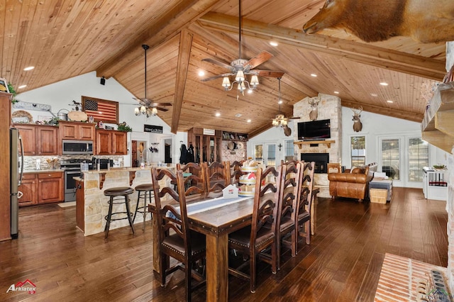 dining room with ceiling fan, wooden ceiling, and beam ceiling