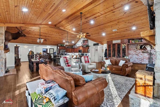 living room featuring beamed ceiling, ceiling fan, wooden ceiling, and dark hardwood / wood-style flooring