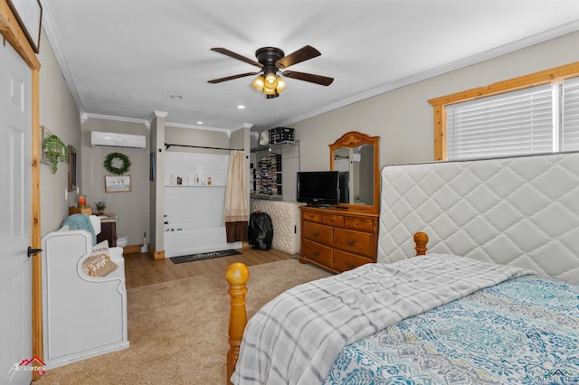 bedroom featuring a wall mounted air conditioner, light colored carpet, ornamental molding, and ceiling fan