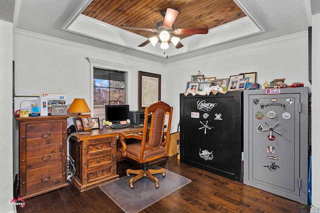 home office featuring crown molding, ceiling fan, dark hardwood / wood-style floors, and a raised ceiling