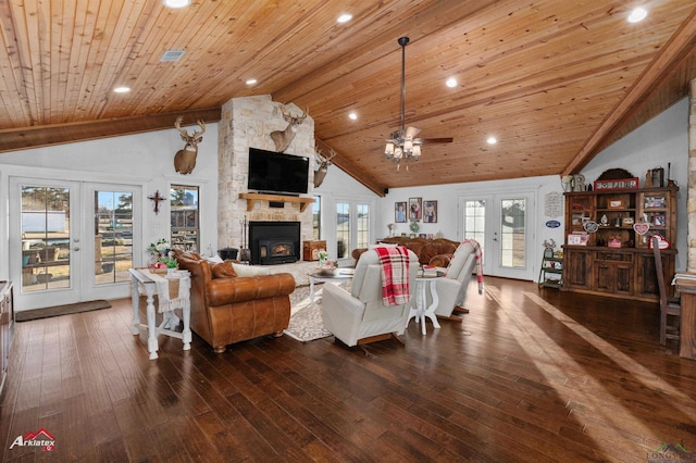 living room with french doors, a healthy amount of sunlight, wood ceiling, and dark wood-type flooring