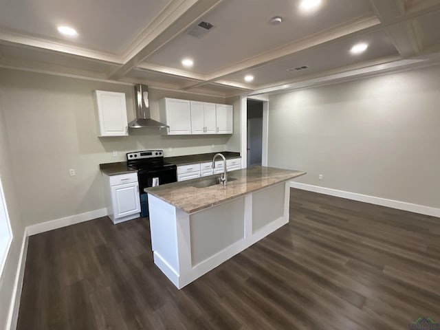 kitchen featuring wall chimney range hood, a sink, stainless steel electric stove, coffered ceiling, and dark wood finished floors