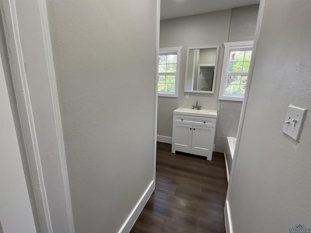 bathroom with vanity, a textured wall, wood finished floors, and plenty of natural light