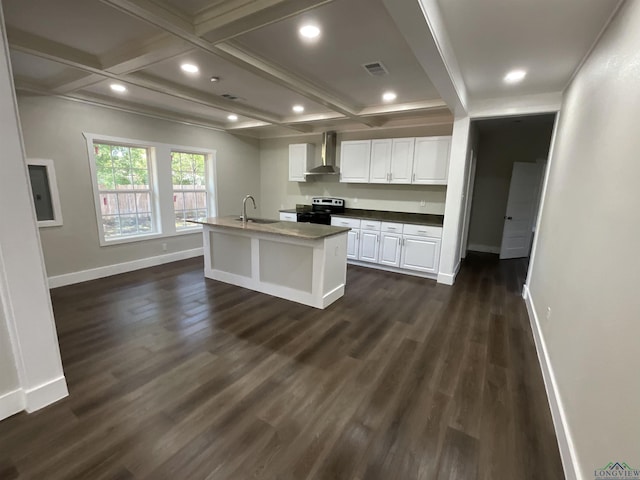 kitchen featuring a sink, electric range oven, dark wood-type flooring, wall chimney exhaust hood, and visible vents