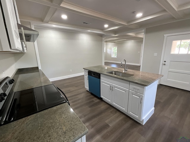 kitchen with white cabinets, dishwasher, coffered ceiling, and a sink