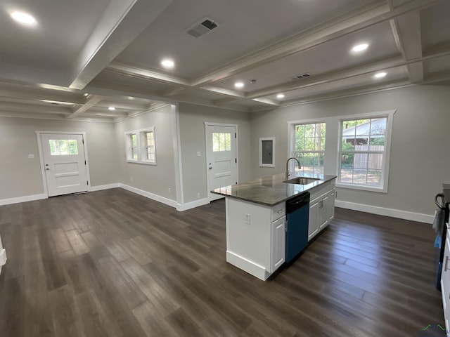 kitchen featuring a sink, visible vents, coffered ceiling, dishwashing machine, and dark wood finished floors
