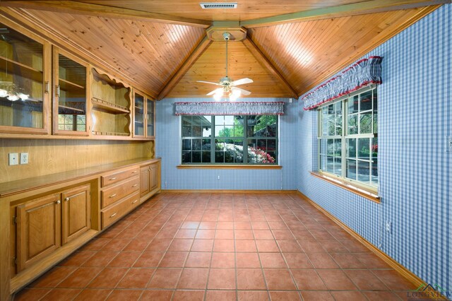 unfurnished dining area with tile patterned flooring, wooden ceiling, plenty of natural light, and lofted ceiling