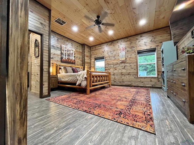 bedroom featuring dark wood-type flooring, wooden ceiling, and wooden walls