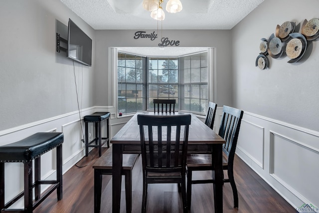 dining space featuring a textured ceiling and dark hardwood / wood-style flooring