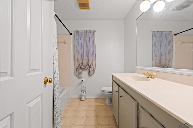 1307 Spring Tree Ln, Kilgore, TX 75662 - bathroom featuring vanity, toilet, shower / bath combination with curtain, a textured ceiling, and tile patterned flooring