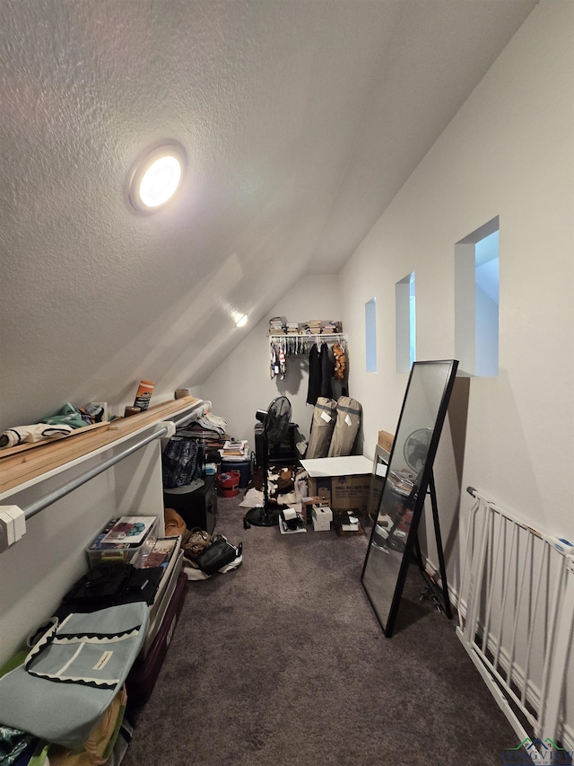 203 W Gay Ave, Gladewater, TX 75647 - exercise area featuring lofted ceiling, carpet floors, and a textured ceiling