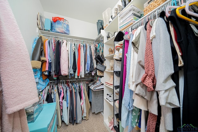 walk in closet with light carpet