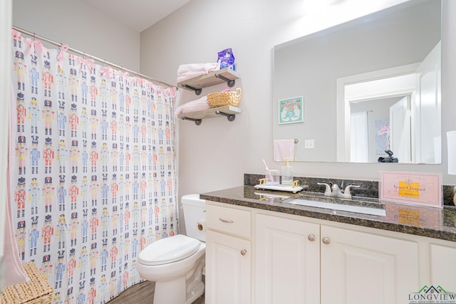 bathroom with hardwood / wood-style flooring, vanity, and toilet