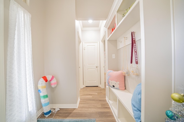 mudroom featuring crown molding and light hardwood / wood-style floors