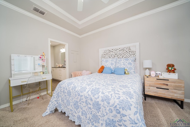 bedroom with ensuite bath, ceiling fan, crown molding, and carpet