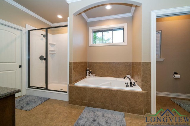 240 Cedar Ridge Rd, Longview, TX 75602 - full bath with a stall shower, a bath, crown molding, and tile patterned flooring