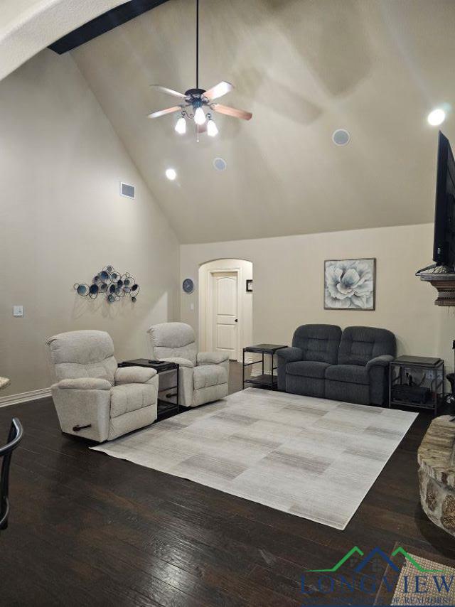 240 Cedar Ridge Rd, Longview, TX 75602 - living room featuring arched walkways, ceiling fan, recessed lighting, wood finished floors, and high vaulted ceiling