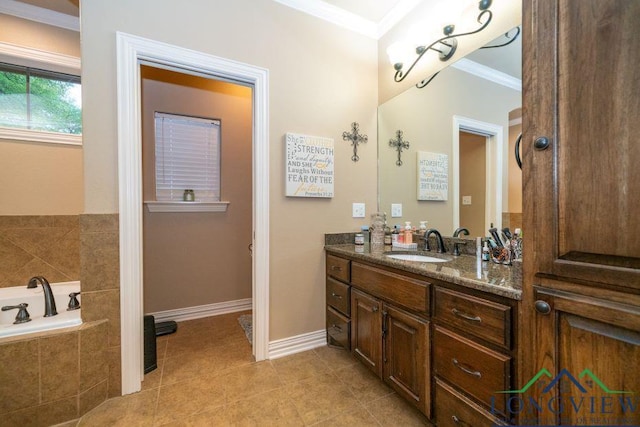 240 Cedar Ridge Rd, Longview, TX 75602 - full bath featuring crown molding, baseboards, vanity, tile patterned flooring, and a garden tub