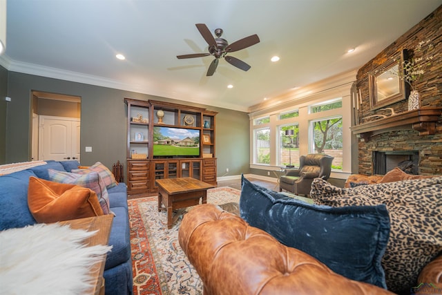 728 Sunnybrook Dr, Longview, TX 75605 - living area featuring ornamental molding, baseboards, a fireplace, ceiling fan, and recessed lighting