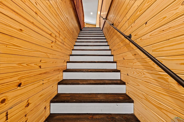 stairway with wooden walls