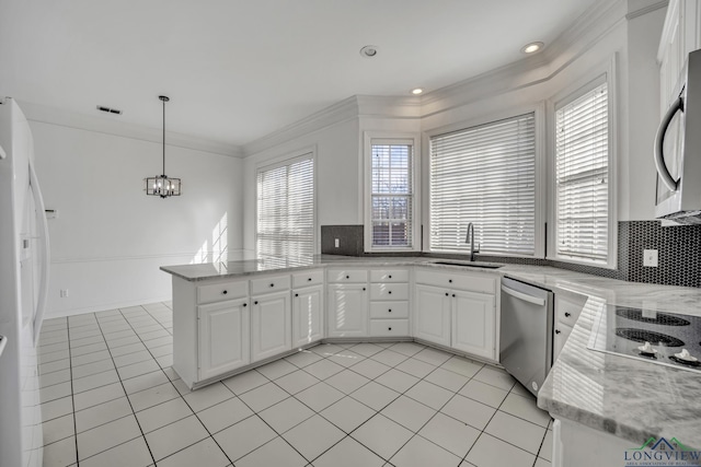 kitchen with kitchen peninsula, white cabinetry, decorative light fixtures, and appliances with stainless steel finishes