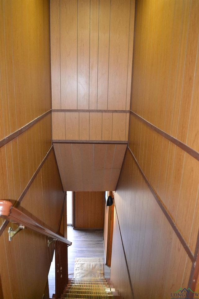 stairs featuring wood walls