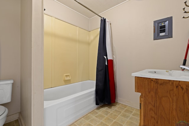 10870 S Main St, Overton, TX 75684 - full bathroom featuring vanity, toilet, baseboards, shower / tub combo, and electric panel