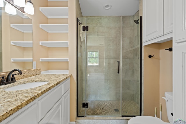 bathroom with toilet, a shower stall, and vanity