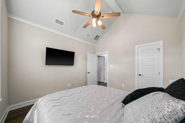 bedroom with baseboards, visible vents, high vaulted ceiling, and dark wood finished floors