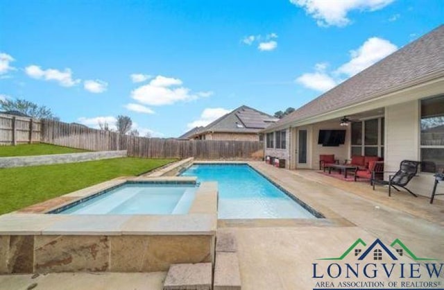 view of swimming pool with a lawn, a patio, a fenced backyard, a fenced in pool, and an in ground hot tub