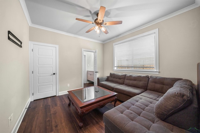 living room featuring baseboards, a ceiling fan, dark wood-style floors, and ornamental molding