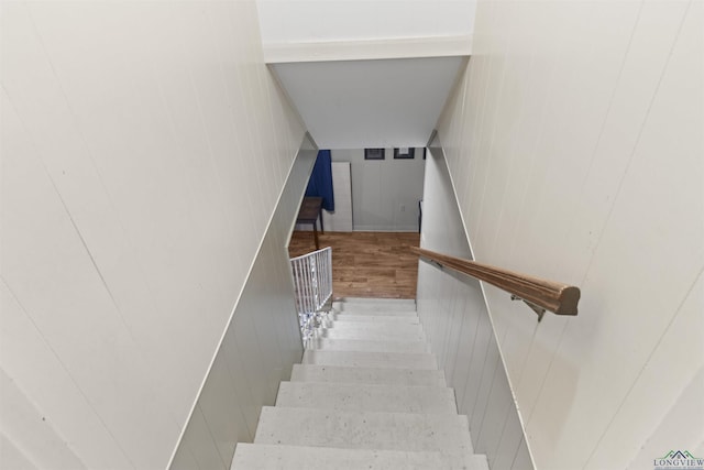 stairway with wooden walls