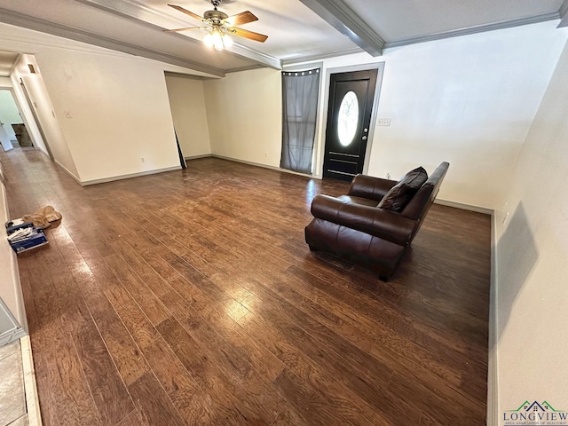 interior space with beam ceiling, ceiling fan, and dark hardwood / wood-style flooring