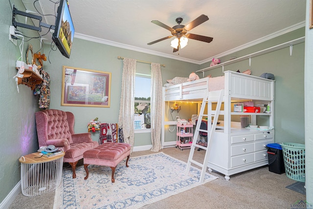 bedroom featuring ceiling fan, ornamental molding, and light carpet