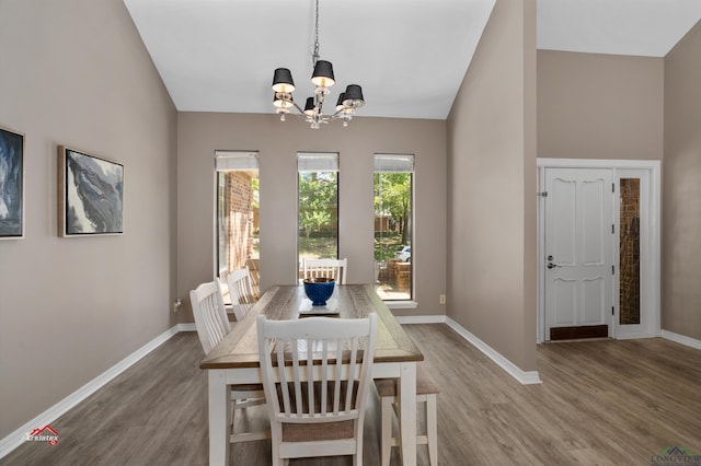 dining room featuring wood-type flooring and a chandelier