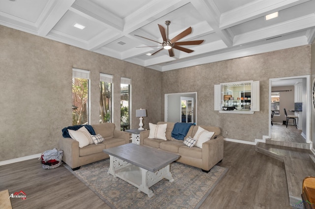 living room featuring beamed ceiling, ceiling fan, dark hardwood / wood-style flooring, and coffered ceiling