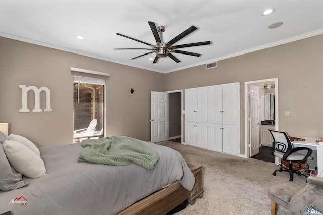 bedroom featuring ceiling fan, crown molding, and carpet