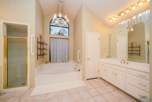 315 Tealwood Dr, Longview, TX 75605 - bathroom with vanity, a garden tub, a chandelier, tile patterned floors, and a shower stall