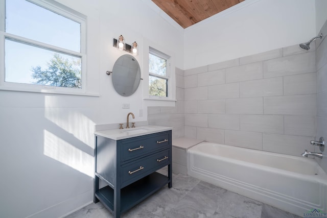 bathroom featuring vanity, wood ceiling, and tiled shower / bath