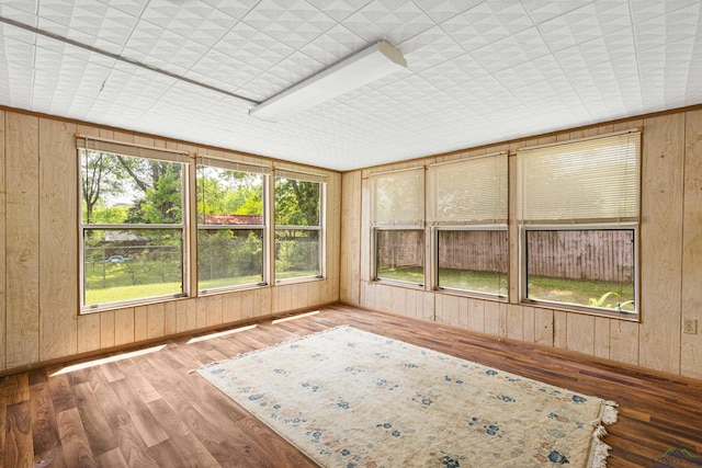 unfurnished sunroom with wooden walls and hardwood / wood-style floors