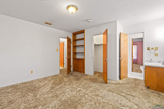 unfurnished bedroom featuring light colored carpet, a sink, baseboards, visible vents, and a textured ceiling