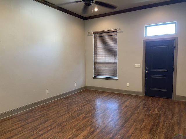 foyer featuring crown molding, ceiling fan, and dark wood-type flooring