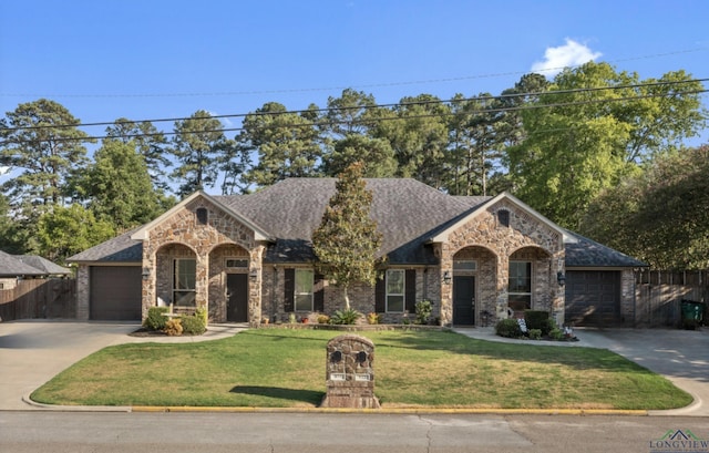 view of front of house with a garage and a front lawn