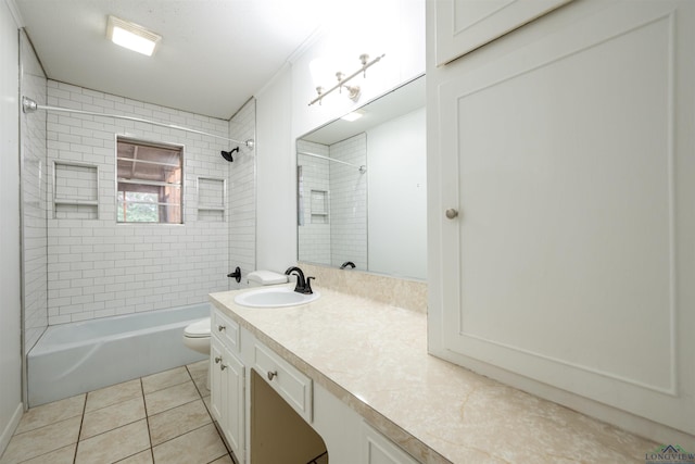 bathroom with shower / bathtub combination, vanity, tile patterned flooring, and toilet