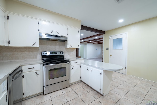 kitchen featuring under cabinet range hood, a peninsula, light countertops, dishwasher, and stainless steel range with electric stovetop