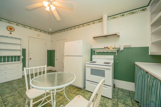 508 N Soda St, Jefferson, TX 75657 - kitchen featuring white appliances, a ceiling fan, open shelves, and a wainscoted wall