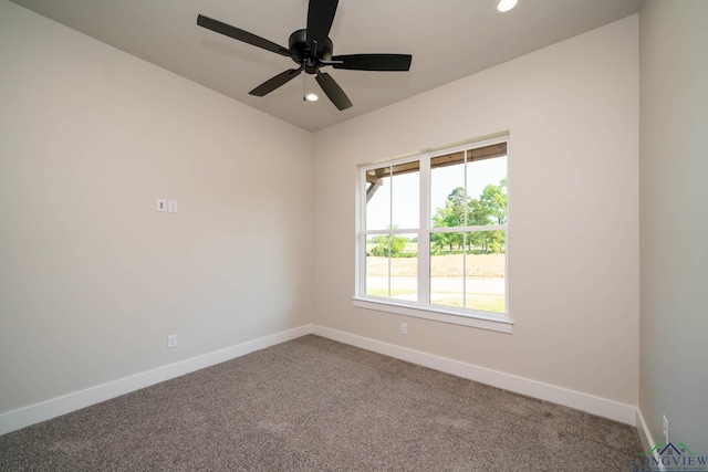 empty room with ceiling fan, baseboards, carpet flooring, and recessed lighting