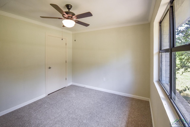 unfurnished room with ceiling fan, plenty of natural light, and crown molding