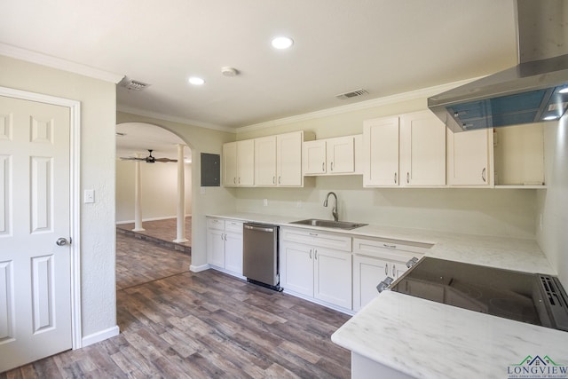 kitchen with dishwasher, island range hood, white cabinetry, and ceiling fan